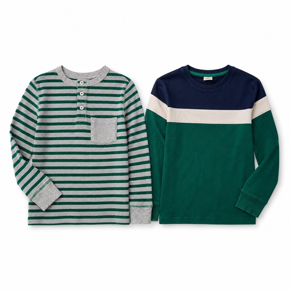 Lot 2 PCS Mini Boden Waffle Knit Thermal Shirts Kids 5-6Y Green Gray Striped